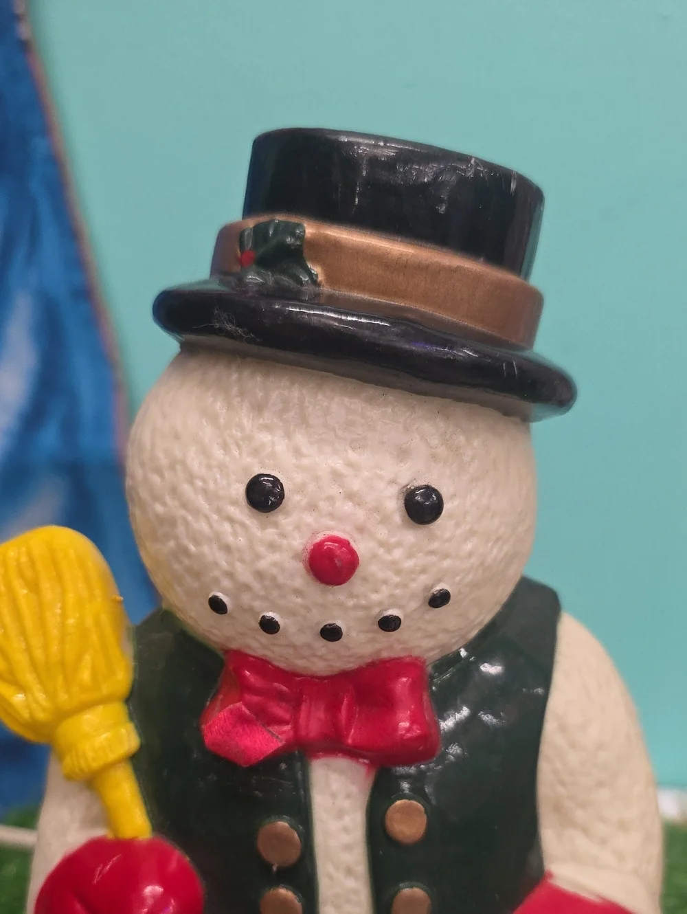 Vintage Snowman Light Up Blow Mold with Red Mittens and Yellow Broom